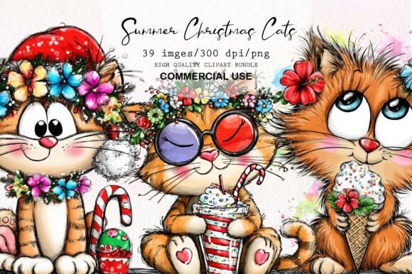 Download Whimsical Summer Christmas Cats Clipart - Art Collection