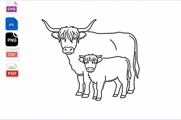 Download Highland Cow Mom and Calf Line Art SVG - Art Collection